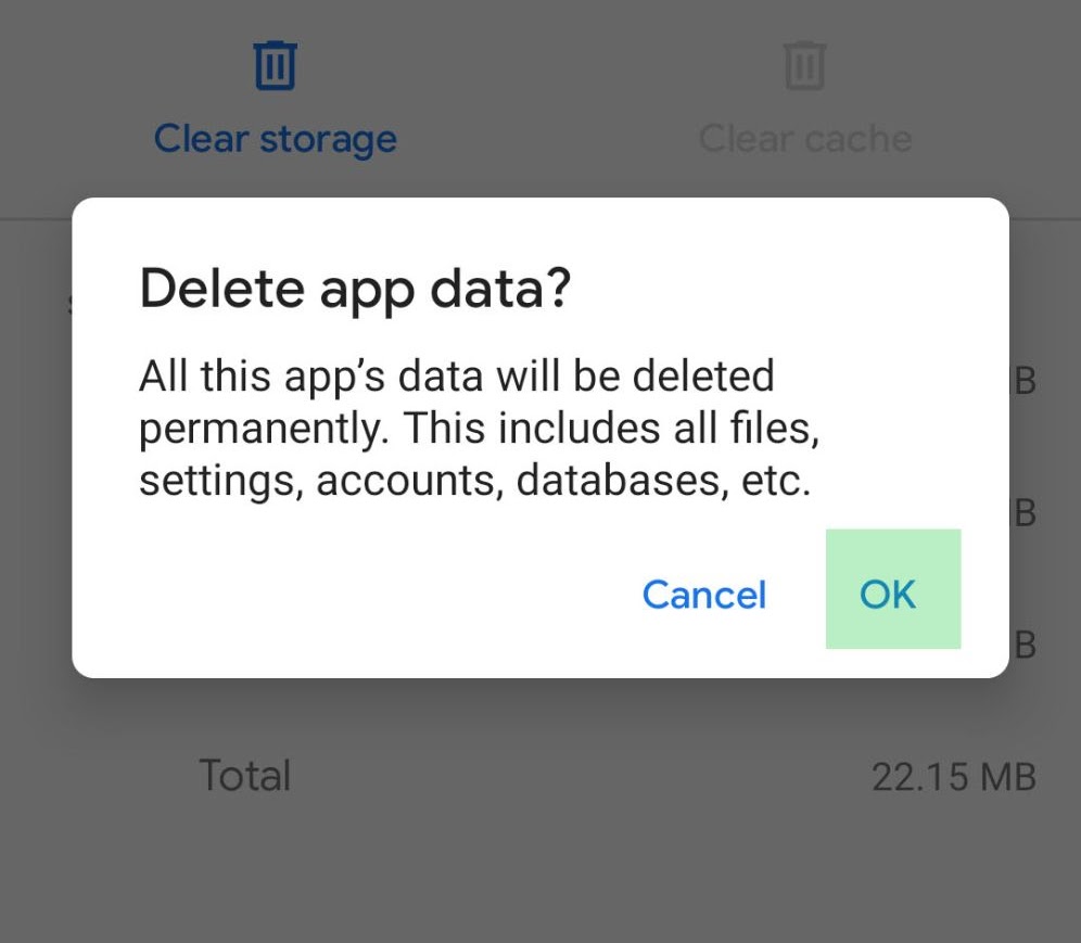 Delete app data confirmation dialog